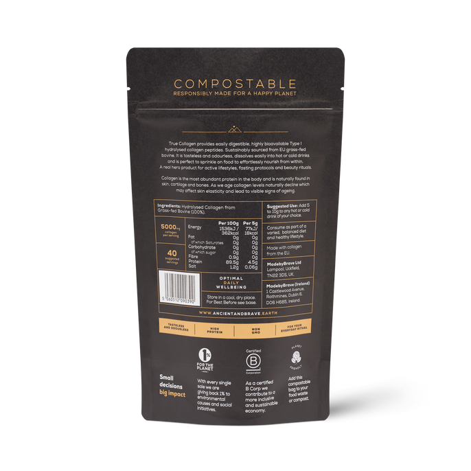 back image of the compostable packaging of true collagen powder by ANCIENT + BRAVE